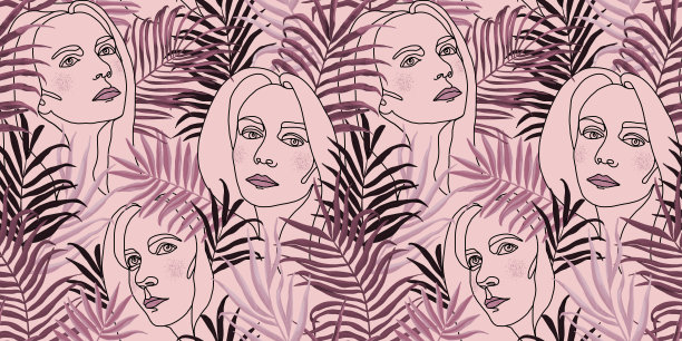 抽象女人的脸和热带树叶。无缝模式。图片下载