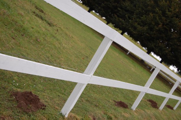 一个倾斜的图像，一个尖桩栅栏围绕着一个围场和一排平行的鼹鼠丘。图片下载