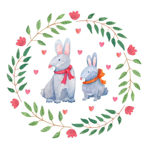 水彩复活节花环与可爱的兔子或兔子图片下载