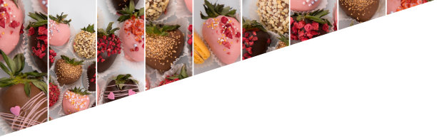 各种草莓在巧克力，甜甜点，为你的文字自由空间，撒上坚果，俯视图，拼贴画。图片下载