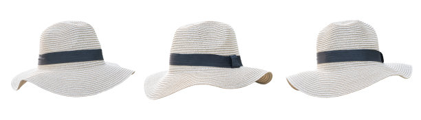 草帽设置孤立(剪切路径)在白色背景巴拿马时尚帽子风格的夏季海滩度假防晒男女图片下载