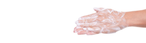 用肥皂洗手，泡沫在皮肤上，隔离在白色背景上。图片下载