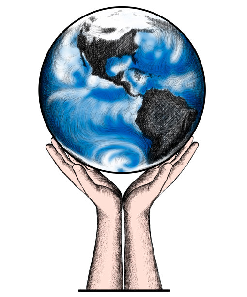 用蓝色星球地球的黑线画在一个男人手里图片下载