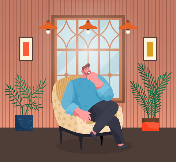坐在家中扶手椅上的男人思考向量图片下载