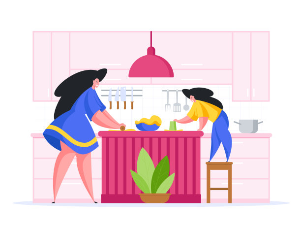 女人带着女儿在家烹饪矢量平面插图。笑容可掬的女人物蓝裙在厨房里铺开面团。图片下载