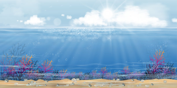 水下在深蓝色的阳光和云岛上，海底有阳光照耀着水下生物，珊瑚礁，海藻，贝壳在自然栖息地，向量地平线海洋海洋生物图片下载