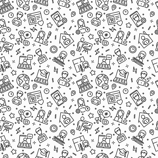 在家工作与细线图标无缝模式:在线会议，自由职业者，在线教育，程序员，开发人员，文案，网页设计师。矢量插图。图片下载