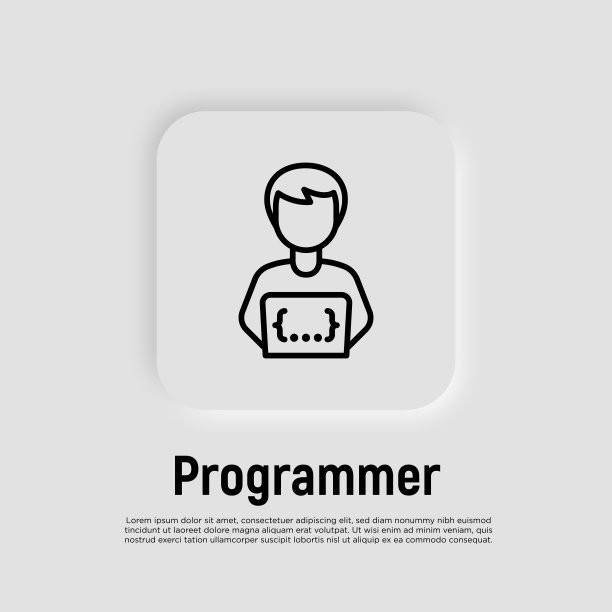 程序员细线图标。编码在笔记本电脑上。自由职业者，在家工作。矢量插图。图片下载