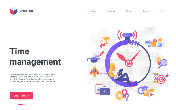 时间管理技术登陆页面，女工坐在里面大钟闹铃图片下载