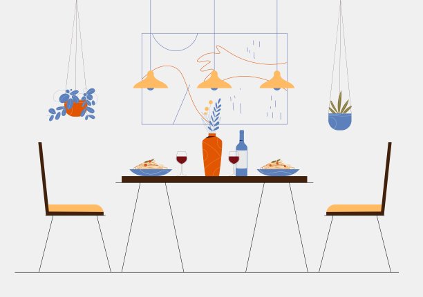餐桌上有椅子，意大利面盘子，酒瓶，玻璃杯。餐厅内部。矢量插图在平面风格图片下载
