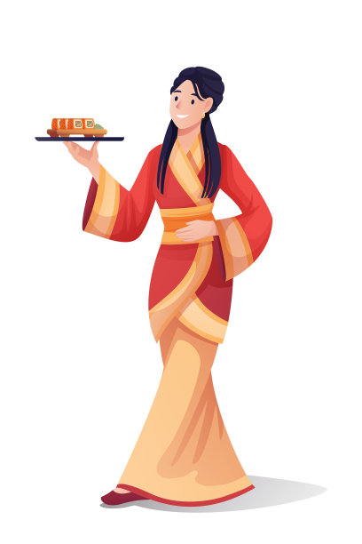 日本寿司店的服务员。拿着一盘食物的年轻女子。亚洲传统美食矢量插图图片下载
