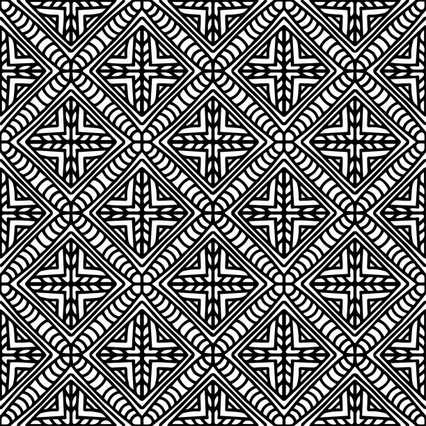 无缝马赛克与装饰品和线性人物绘制在白色背景上色图片下载