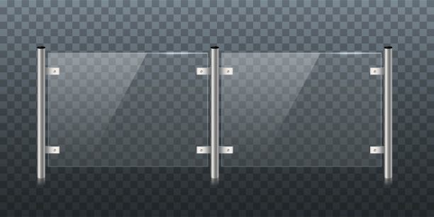 带扶手的玻璃或有机玻璃栅栏。建筑护栏为阳台或办公室阳台矢量插图。现实的现代装饰前视图上透明的背景图片下载