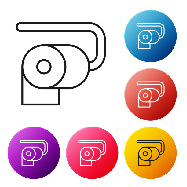 黑线厕纸卷图标孤立在白色背景上。设置彩色圆形按钮图标。向量图片下载