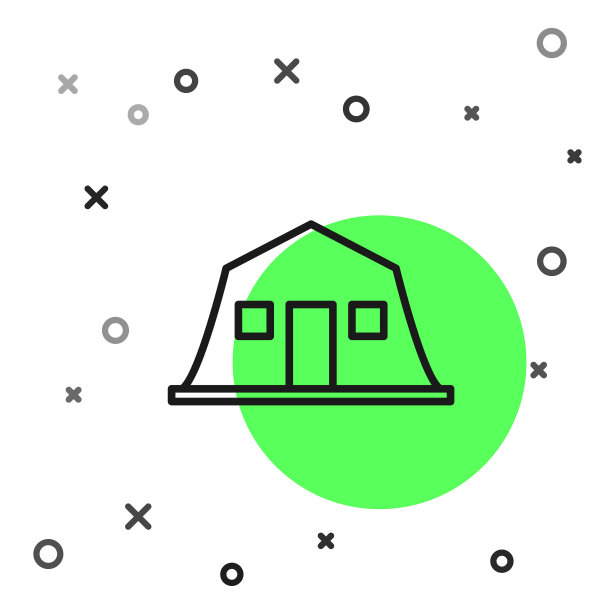 黑线军事营房站图标孤立在白色背景上。军队空袭体系结构。向量图片下载