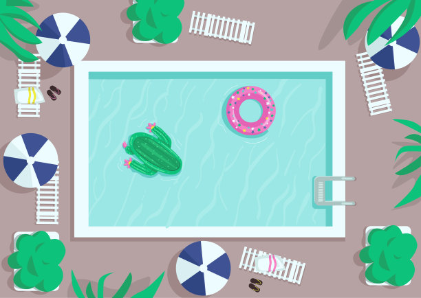 顶视图正方形池平面颜色矢量插图。漂浮在水上的气垫。酒店度假村。充气甜甜圈和仙人掌。泳池边2D卡通景观与躺椅和雨伞的背景图片下载