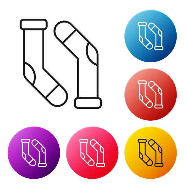 黑色线袜子图标孤立在白色背景。设置彩色圆形按钮图标。向量图片下载