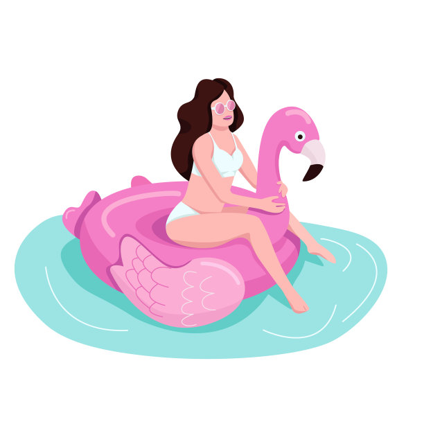 女孩坐在充气火烈鸟平色矢量无脸的人物。海滩度假村的女游客。粉红色充气床垫上的人。戴太阳镜的女人在泳池派对孤立的卡通插图图片下载