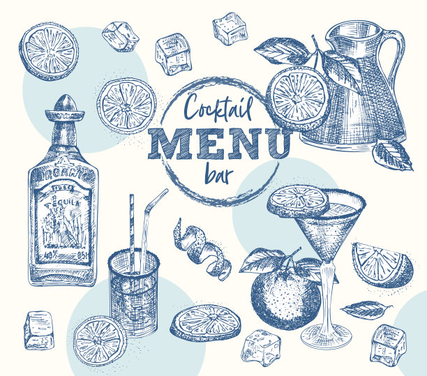 酒瓶上放置龙舌兰鸡尾酒杯和橙冰图片下载