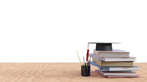 毕业帽和书堆放在木桌上。三维渲染图片下载