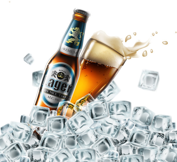 瓶子和玻璃杯，在白色背景上加冰块的啤酒。矢量图图片下载