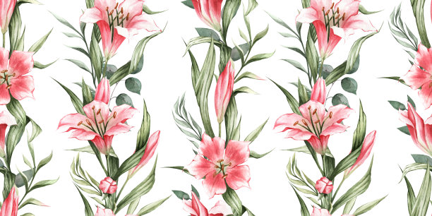 春天的图案，粉红色的百合和绿色的叶子排成垂直的条纹。非常适合墙纸，纺织品，装饰，织物，窗帘，印刷品，明信片，和更多图片下载