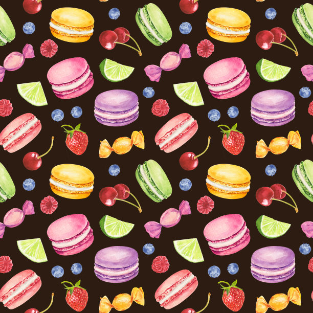 无缝模式与水彩彩色杏仁和浆果孤立在黑暗的背景。图片下载