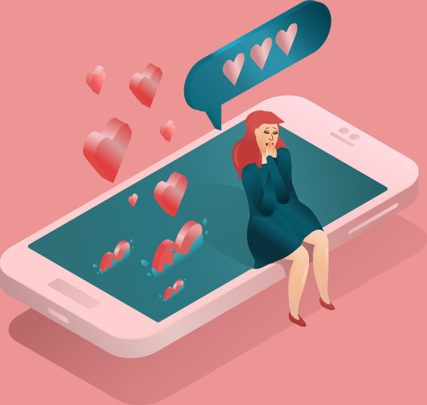 一个恋爱中的女孩坐在手机边缘图片下载