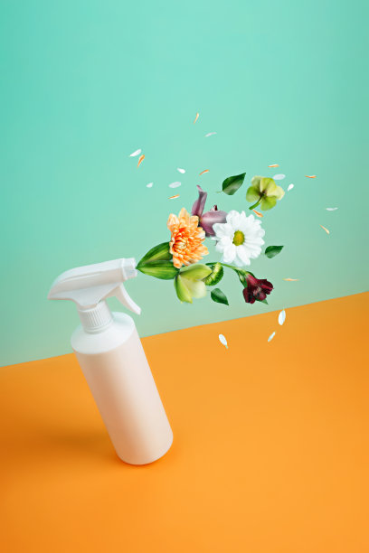喷雾器、鲜花、花瓣的创意消毒布局图片下载