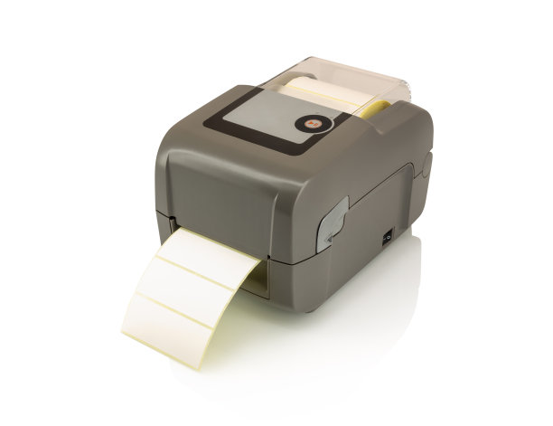 条形码打印机标签隔离在白色背景与阴影反射，剪辑，矢量路径。打印机可直接热转印或热转印。图片下载