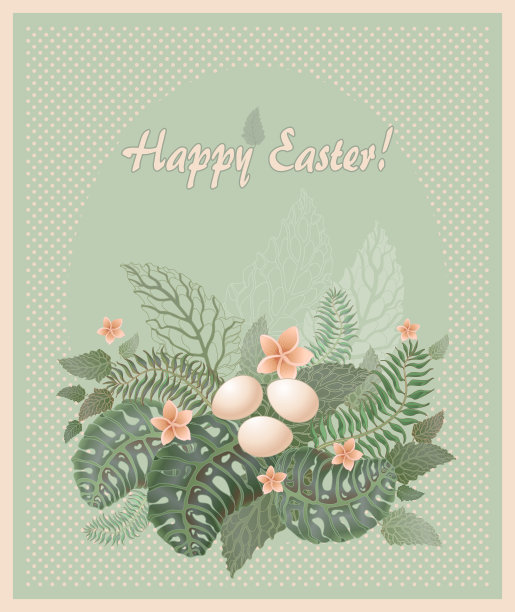 复古风格的复活节贺卡。矢量花组成与三个鸡蛋薄荷绿色点的背景。椭圆形的框架。热带叶和花，怪兽叶，鸡蛋花图片下载