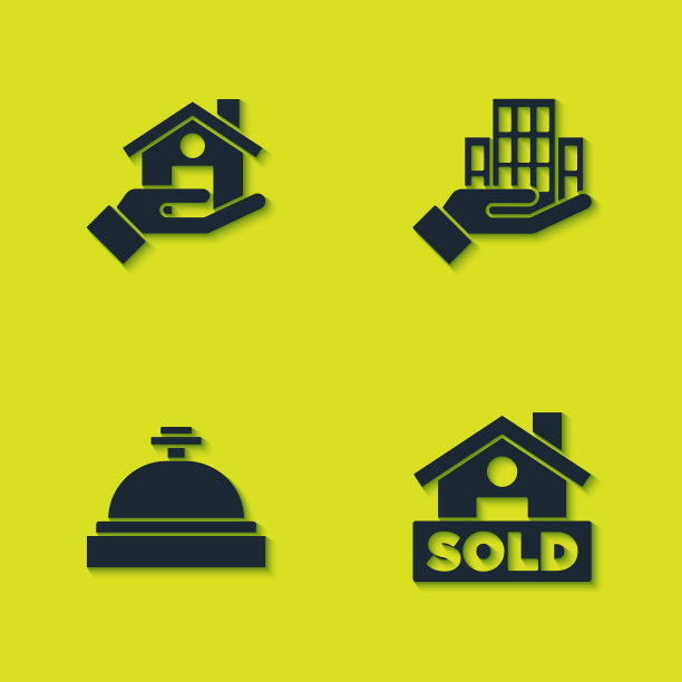 设置房地产经纪人，悬挂标志与文本出售，酒店服务钟和摩天大楼图标。向量图片下载