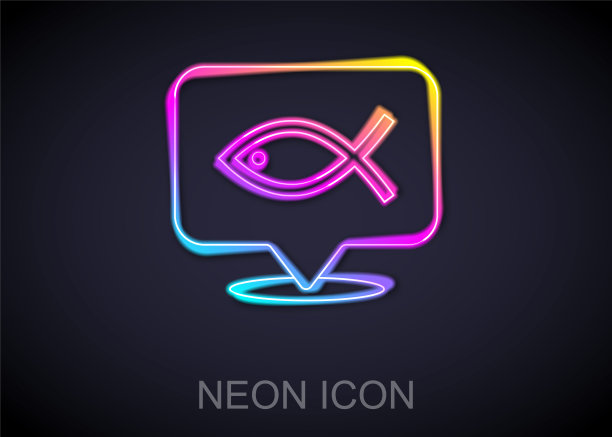 发光的霓虹线基督教鱼符号图标孤立在黑色的背景。耶稣鱼象征。向量图片下载