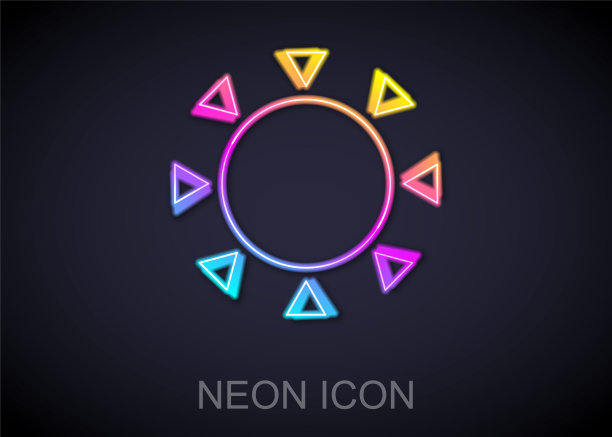 发光的霓虹灯线太阳图标隔离在黑色背景。夏天的象征。晴朗的一天。向量图片下载