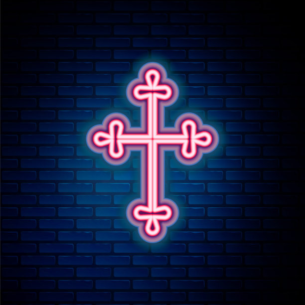 发光的霓虹灯线基督教十字图标孤立在砖墙的背景。教堂的十字架。色彩斑斓的轮廓的概念。向量图片下载