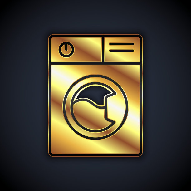 金色洗衣机图标孤立在黑色背景。洗衣机图标。洗衣机-洗衣机。家电的象征。向量图片下载