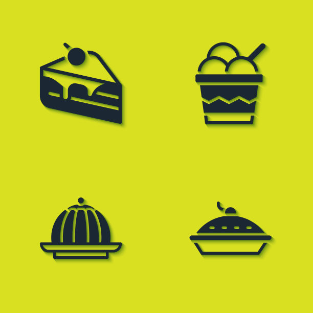 设置一块蛋糕，自制派，布丁蛋奶沙司和冰淇淋碗图标。向量图片下载