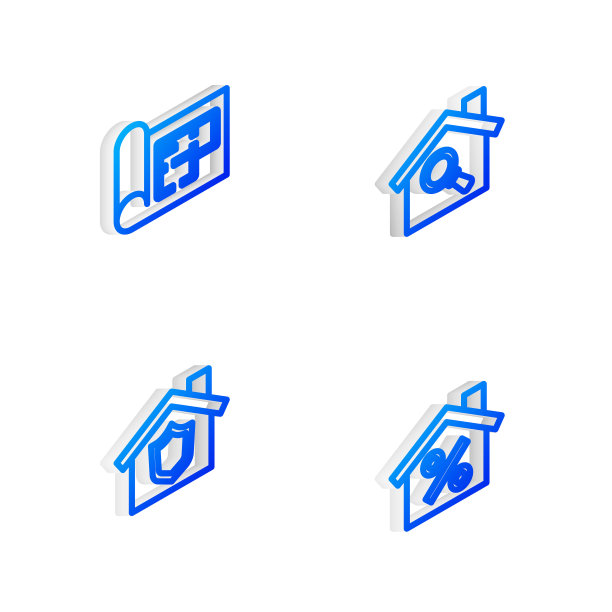 设置等距线搜索房屋，房屋计划，与盾牌和百分比折扣图标。向量图片下载