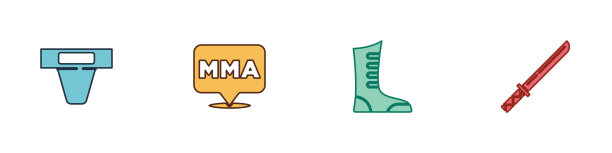 设置腹股沟防护，搏击俱乐部综合格斗，运动拳击鞋和日本武士刀图标。向量图片下载