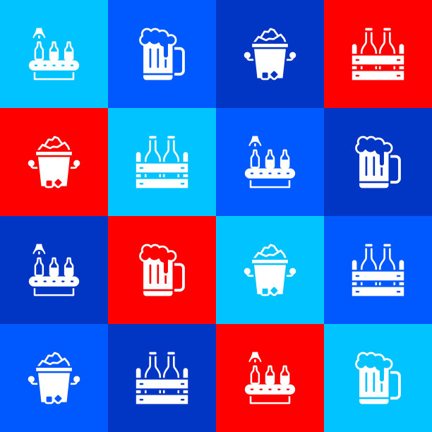 设置传送带，啤酒，木杯，冰桶和包装瓶图标。向量图片下载