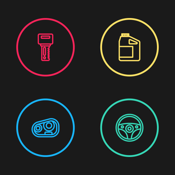 汽车前照灯、方向盘、机油筒和带遥控图标的钥匙。向量图片下载