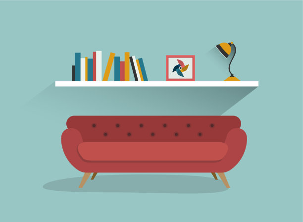 复古的红色沙发和书架与台灯平图片下载