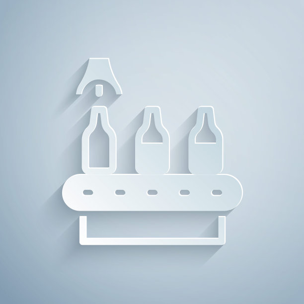 剪纸啤酒厂工厂的生产线上斟酒玻璃瓶图标孤立在灰色背景。纸艺术风格。向量图片下载