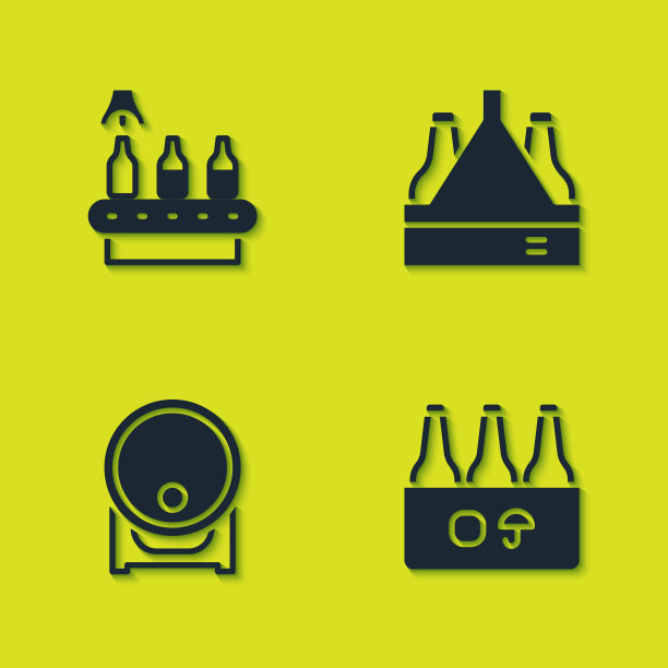 设置输送带，啤酒，包装的瓶子，木桶架和图标。向量图片下载