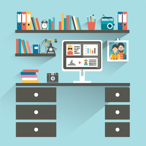 办公室卡通工作场所与电脑和书籍图片下载