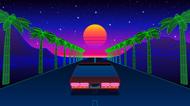 经典的80年代汽车行驶在棕榈树，山脉和日落的道路上。Retrowave或synthwave街机游戏视图与竞赛到太阳。20世纪80年代霓虹浪漫景观图片下载
