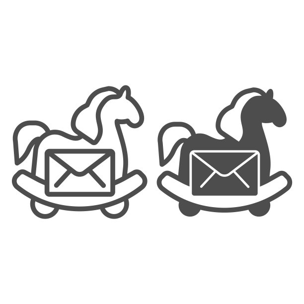 带信件线条和实心图标的特洛伊木马，网络安全概念，白色背景上的病毒电子邮件标志，移动和网络的特洛伊木马电子邮件信封图标。矢量图形。图片下载