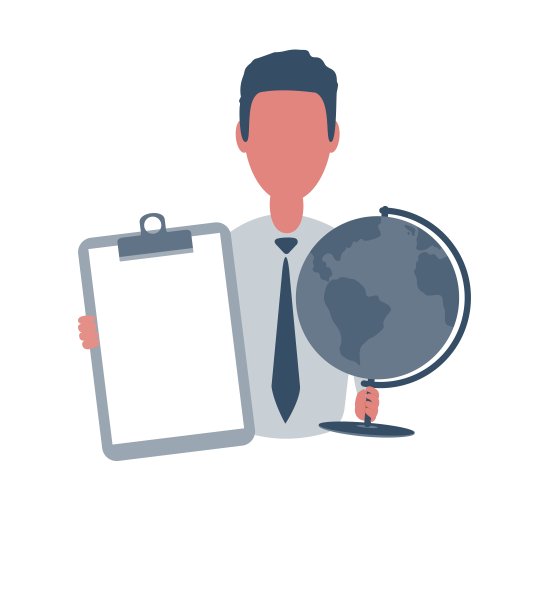拿着一张白纸和一个地球仪的商人或职员。男性角色在简单的风格与对象，平面矢量插图。在白色背景上隔离图片下载