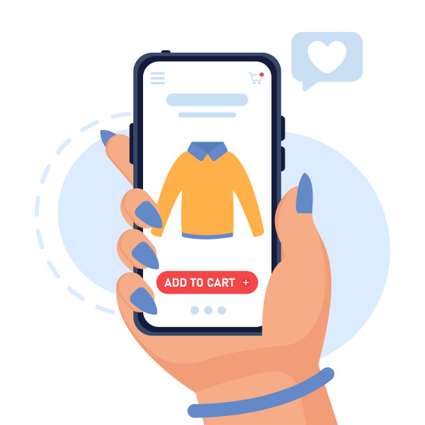 向量移动购物概念。女孩的手拿着修指甲的手机，手机上有一个开放的网上购物应用程序。把毛衣放到篮子里。从网上商店买东西。图片下载