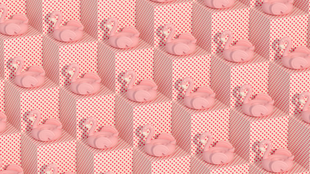 充气火烈鸟在等角立方体，暑假和旅行背景图片下载